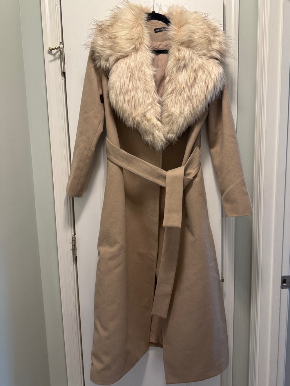 Beige Trench Coat with Faux Fur Collar - Women's Long Wrap